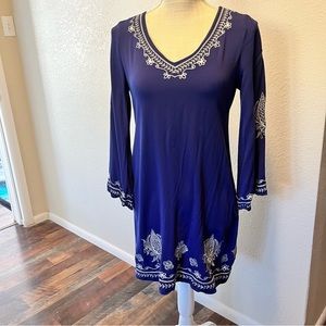 ARIAT - Elegant Blue Dress with White Embroidery - Size S/P